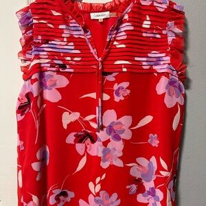 Calvin Klein Red Floral Blouse with Purple Accents